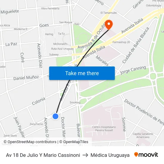 Av 18 De Julio Y Mario Cassinoni to Médica Uruguaya map