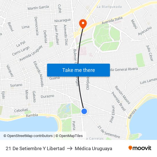 21 De Setiembre Y Libertad to Médica Uruguaya map