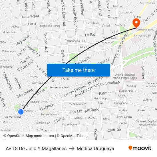 Av 18 De Julio Y Magallanes to Médica Uruguaya map