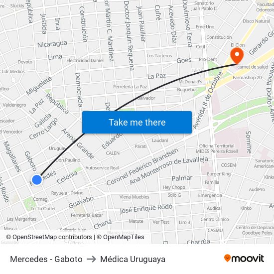 Mercedes - Gaboto to Médica Uruguaya map