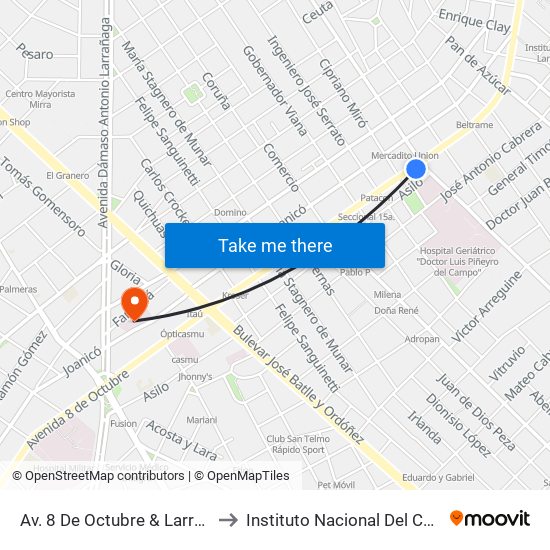Av. 8 De Octubre & Larravide to Instituto Nacional Del Cáncer map