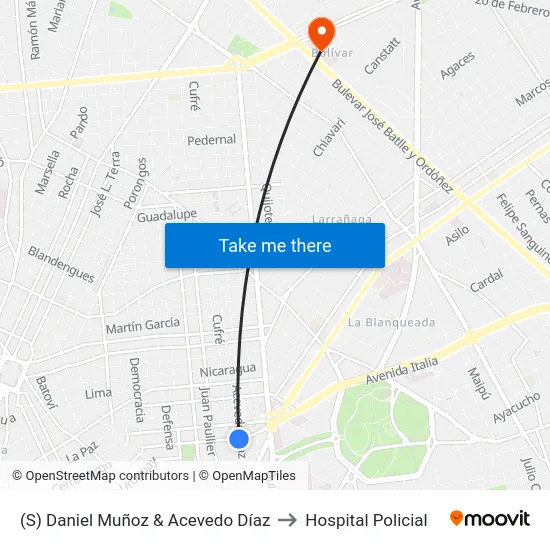 (S) Daniel Muñoz & Acevedo Díaz to Hospital Policial map