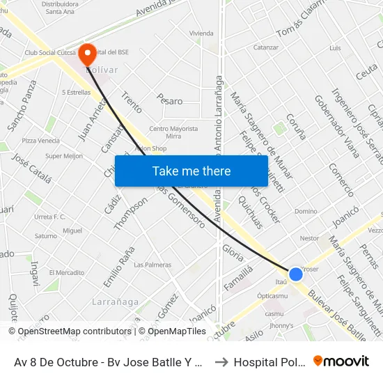 Av 8 De Octubre - Bv Jose Batlle Y Ordoñez to Hospital Policial map