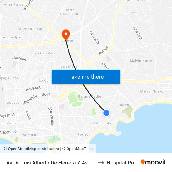 Av  Dr. Luis Alberto De Herrera Y Av Gral Rivera to Hospital Policial map