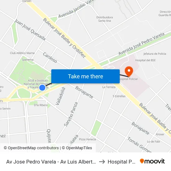 Av Jose Pedro Varela - Av Luis Alberto De Herrera to Hospital Policial map