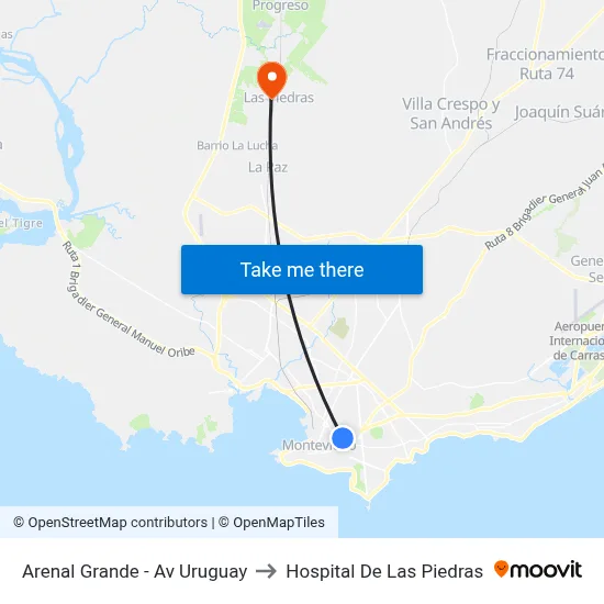 Arenal Grande - Av Uruguay to Hospital De Las Piedras map