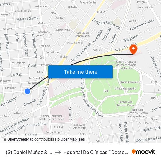 (S) Daniel Muñoz & Acevedo Díaz to Hospital De Clínicas ""Doctor Manuel Quintela"" map