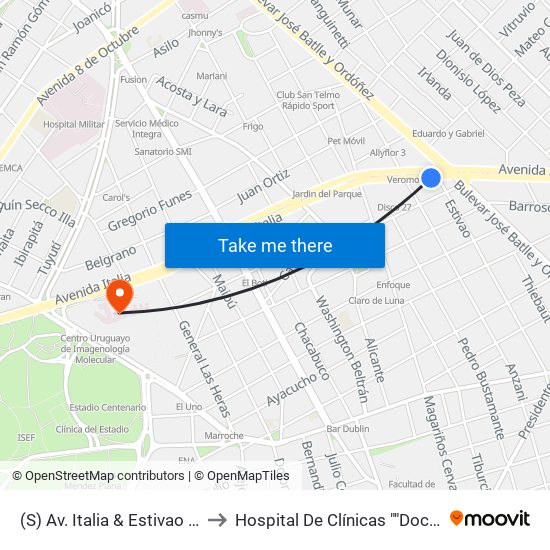 (S) Av. Italia & Estivao (Batlle Y Ordóñez) to Hospital De Clínicas ""Doctor Manuel Quintela"" map