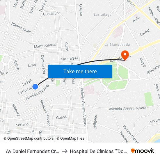 Av Daniel Fernandez Crespo Y Cerro Largo to Hospital De Clínicas ""Doctor Manuel Quintela"" map