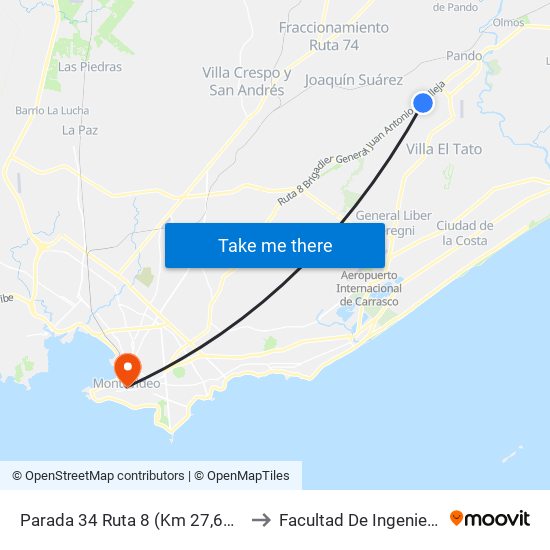 Parada 34 Ruta 8 (Km 27,600) to Facultad De Ingenieria map
