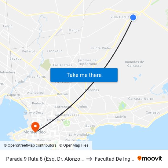 Parada 9 Ruta 8 (Esq. Dr. Alonzo González) to Facultad De Ingenieria map