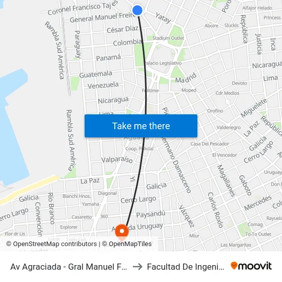 Av Agraciada - Gral Manuel Freire to Facultad De Ingenieria map