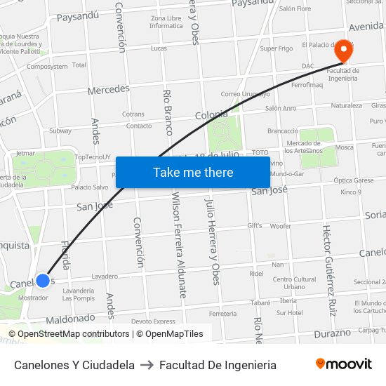 Canelones Y Ciudadela to Facultad De Ingenieria map