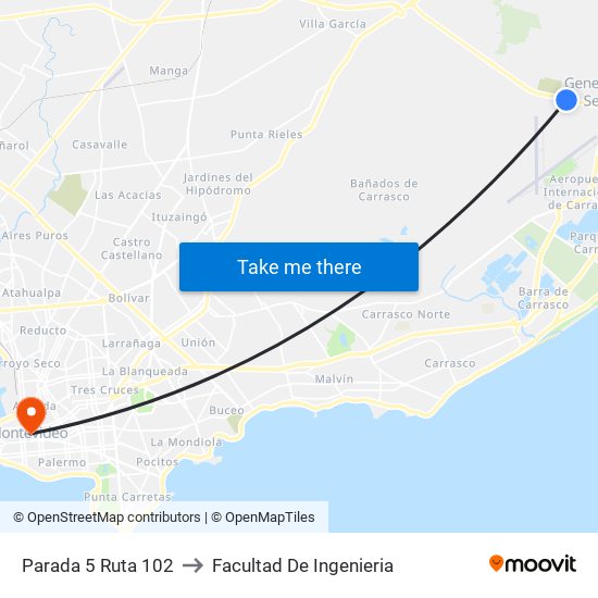 Parada 5 Ruta 102 to Facultad De Ingenieria map