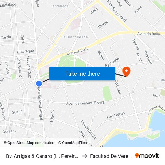 Bv. Artigas & Canaro (H. Pereira Rossell) to Facultad De Veterinaria map