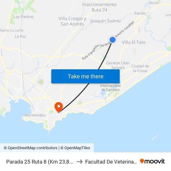 Parada 25 Ruta 8 (Km 23,800) to Facultad De Veterinaria map
