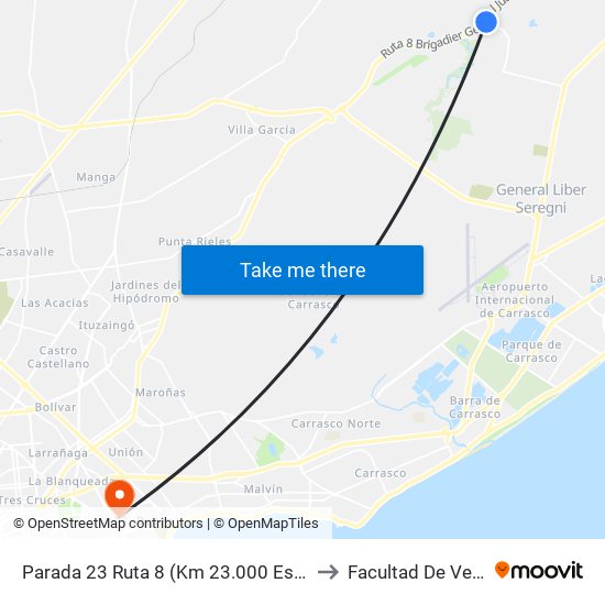 Parada 23 Ruta 8 (Km 23.000 Esq. Los Aromos) to Facultad De Veterinaria map