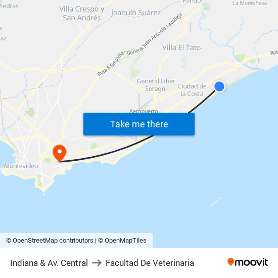 Indiana & Av. Central to Facultad De Veterinaria map