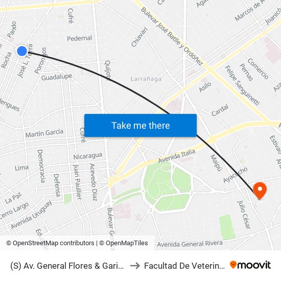 (S) Av. General Flores & Garibaldi to Facultad De Veterinaria map