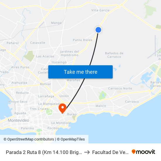 Parada 2 Ruta 8 (Km 14.100 Brigada Infantería) to Facultad De Veterinaria map