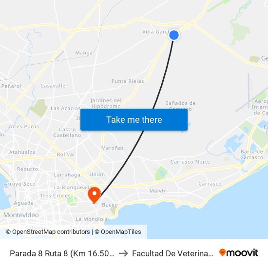 Parada 8 Ruta 8 (Km 16.500) to Facultad De Veterinaria map