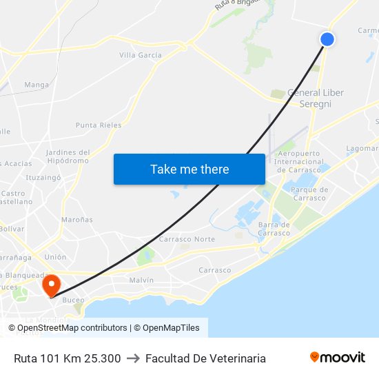 Ruta 101 Km 25.300 to Facultad De Veterinaria map