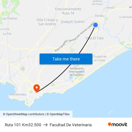 Ruta 101 Km32.500 to Facultad De Veterinaria map