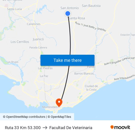 Ruta 33 Km 53.300 to Facultad De Veterinaria map