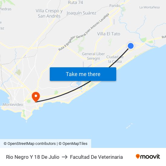 Rio Negro Y 18 De Julio to Facultad De Veterinaria map