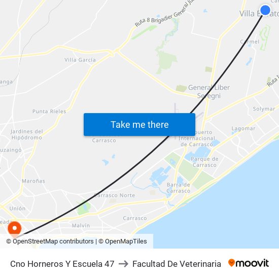 Cno Horneros Y Escuela 47 to Facultad De Veterinaria map