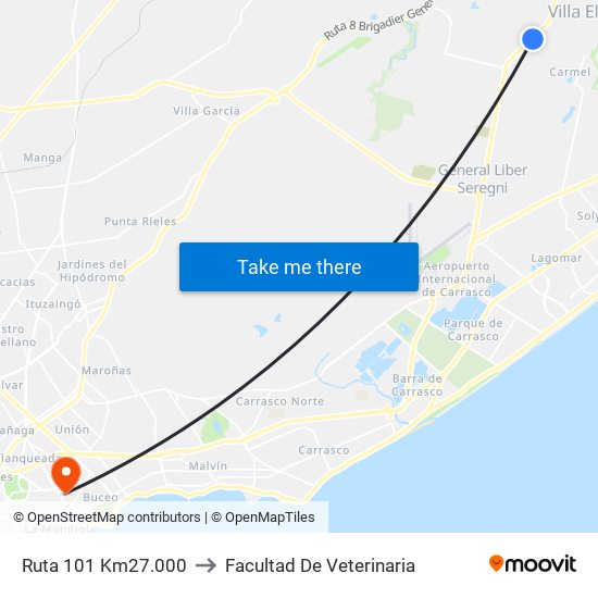 Ruta 101 Km27.000 to Facultad De Veterinaria map