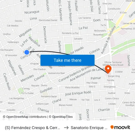 (S) Fernández Crespo & Cerrol Largo to Sanatorio Enrique Cabal map