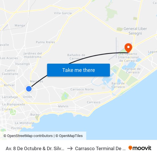 Av. 8 De Octubre & Dr. Silvestre Pérez to Carrasco Terminal De Pasajeros map