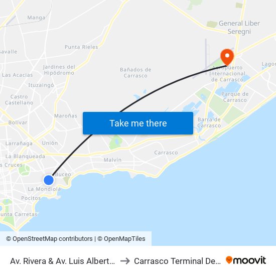 Av. Rivera & Av. Luis Alberto De Herrera to Carrasco Terminal De Pasajeros map
