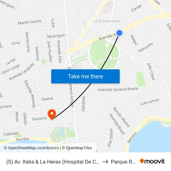 (S) Av. Italia & La Heras (Hospital De Clinicas) to Parque Rodó map