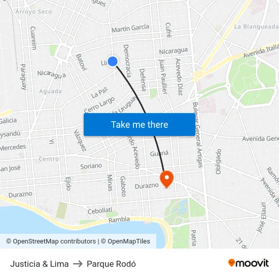 Justicia & Lima to Parque Rodó map