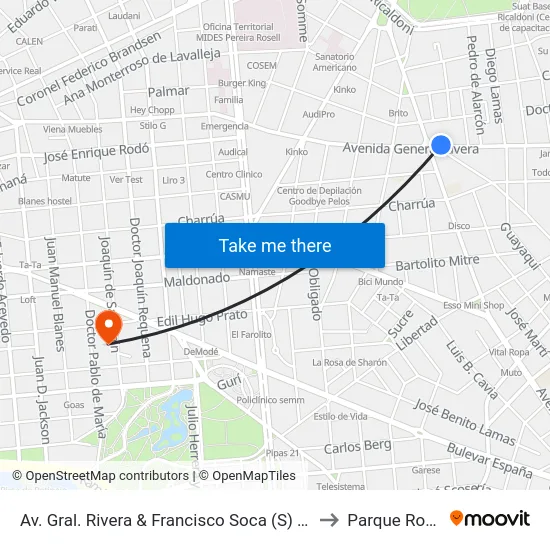 Av. Gral. Rivera & Francisco Soca (S) (U) to Parque Rodó map