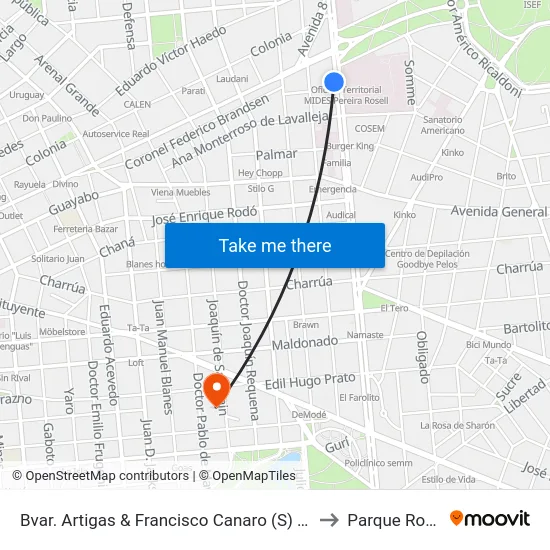 Bvar. Artigas & Francisco Canaro (S) (U) to Parque Rodó map