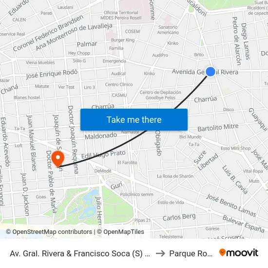 Av. Gral. Rivera & Francisco Soca (S) (U) to Parque Rodó map