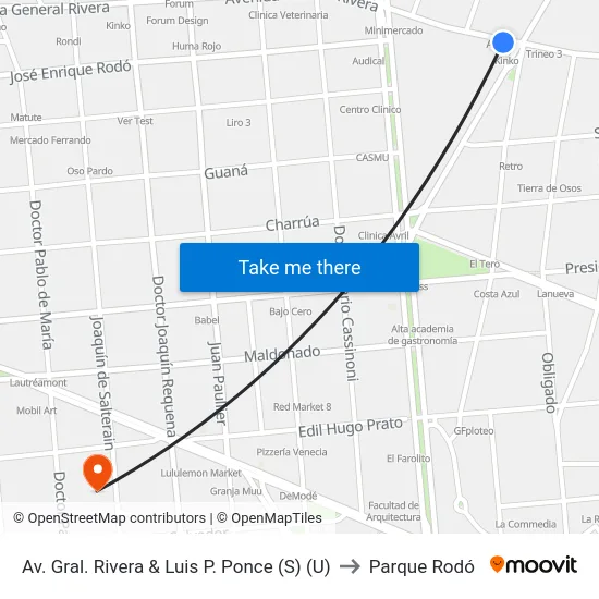 Av. Gral. Rivera & Luis P. Ponce (S) (U) to Parque Rodó map