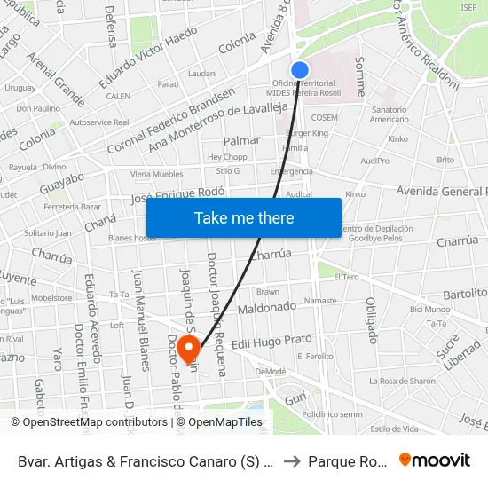 Bvar. Artigas & Francisco Canaro (S) (U) to Parque Rodó map