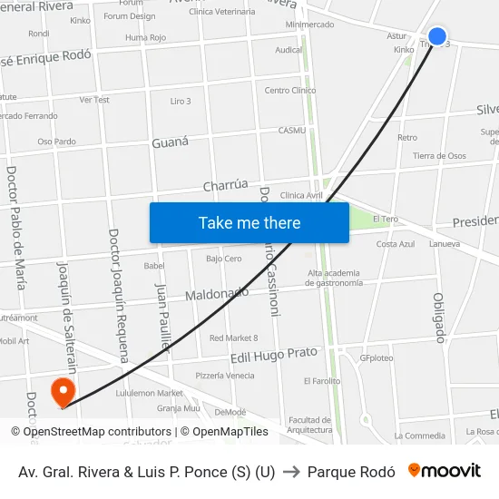 Av. Gral. Rivera & Luis P. Ponce (S) (U) to Parque Rodó map