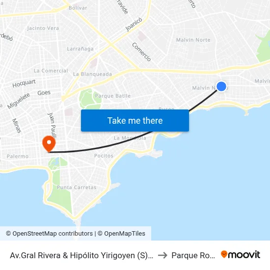 Av.Gral Rivera & Hipólito Yirigoyen (S) (U) to Parque Rodó map