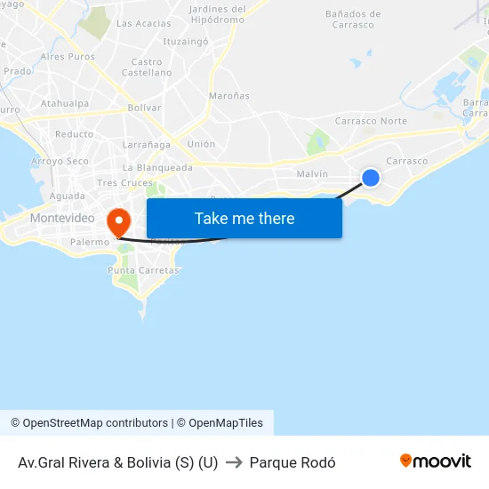 Av.Gral Rivera & Bolivia (S) (U) to Parque Rodó map