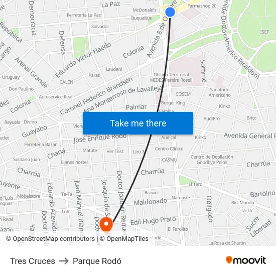 Tres Cruces to Parque Rodó map