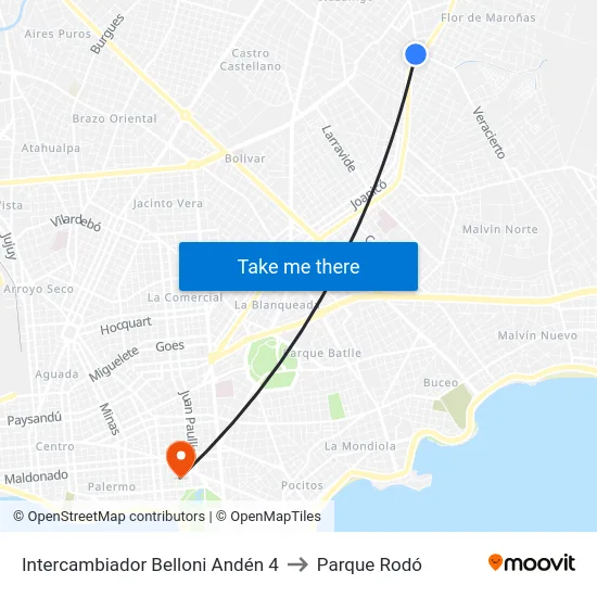 Intercambiador Belloni Andén 4 to Parque Rodó map