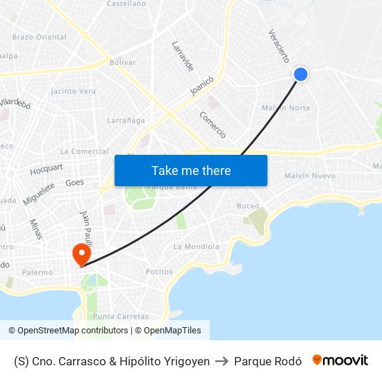 (S) Cno. Carrasco & Hipólito Yrigoyen to Parque Rodó map