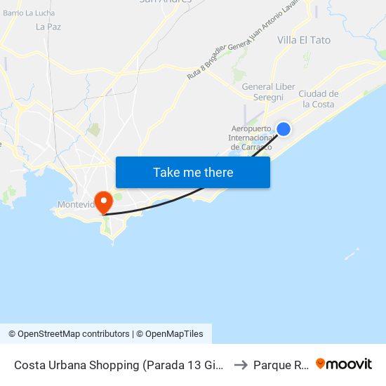 Costa Urbana Shopping (Parada 13 Giannattasio) to Parque Rodó map