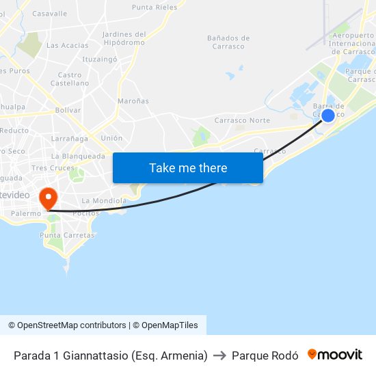 Parada 1 Giannattasio (Esq. Armenia) to Parque Rodó map