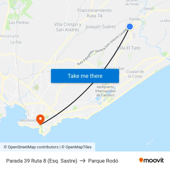 Parada 39 Ruta 8 (Esq. Sastre) to Parque Rodó map